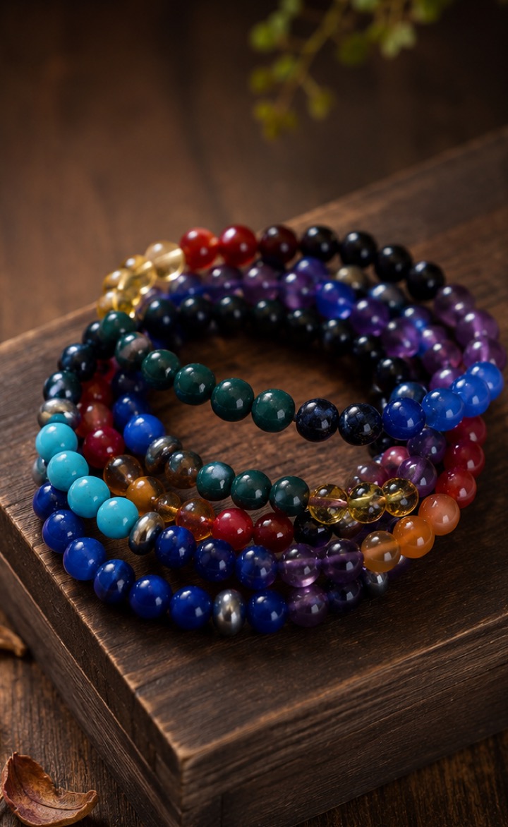 Collection of colourful natural gemstone bracelets